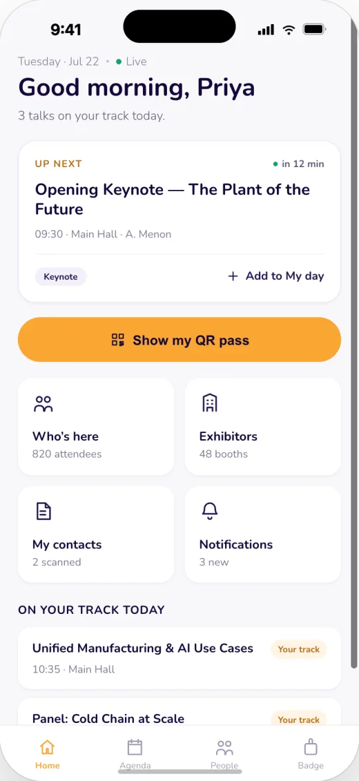 Attendee home screen with Up next session and QR pass button